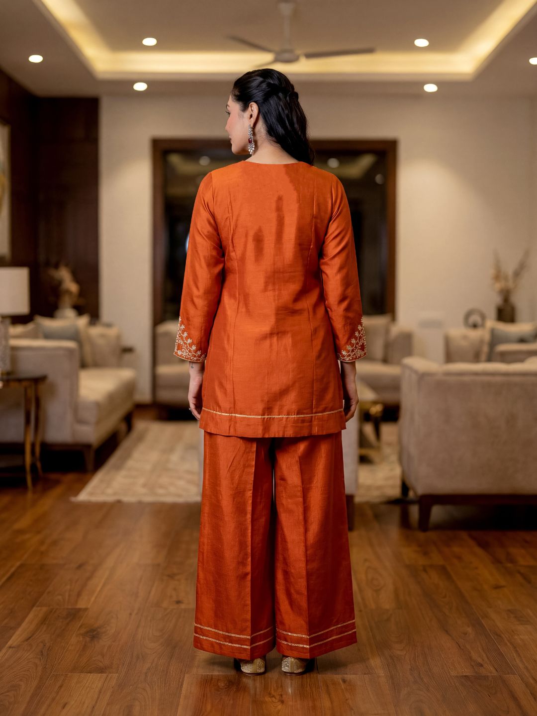 Rust Orange Embroidered CP Vichitra Silk Co-Ord Set with Dupatta