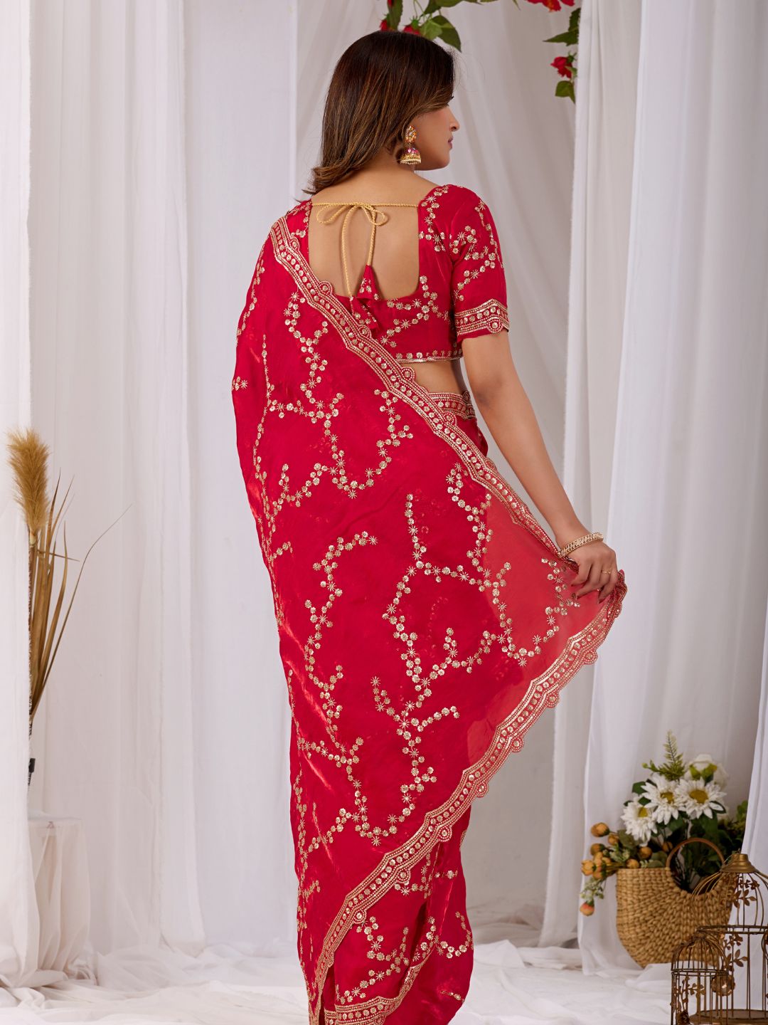 Rani Pink Embroidered Silk Saree with Designer Blouse for Wedding & Festive Wear