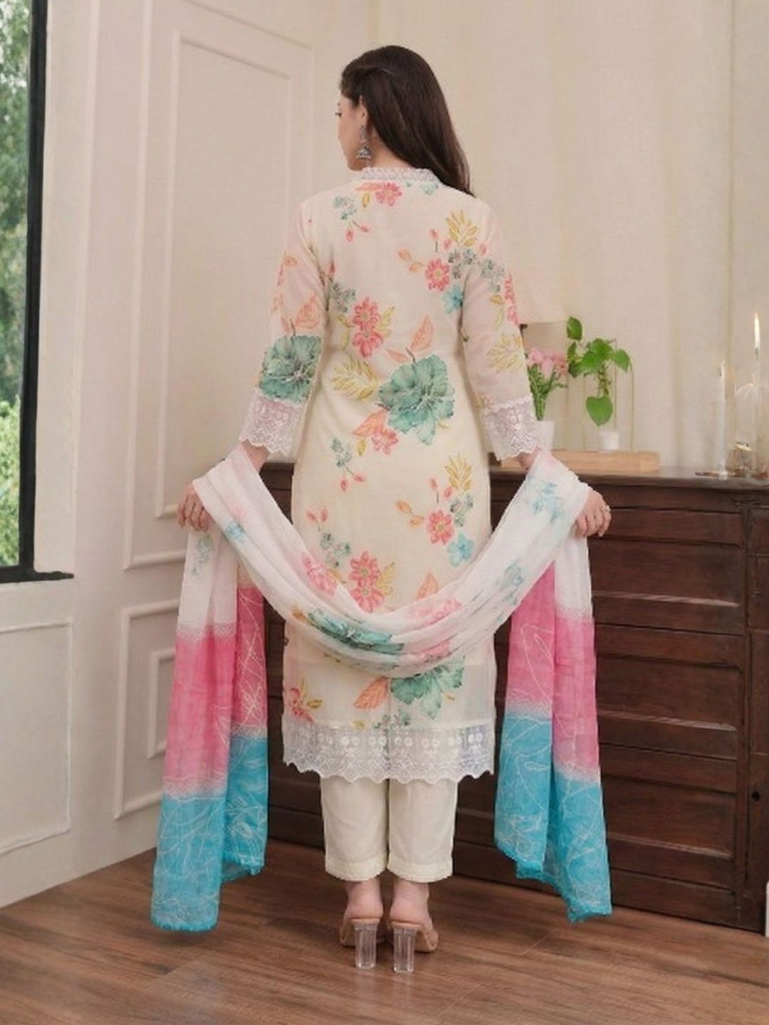 Ivory Floral Printed Viscose Kurta Set with Multicolor Dupatta