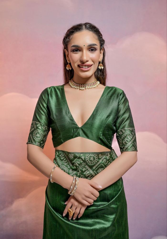 Traditional Forest Green Silk Saree with Golden Zari Work