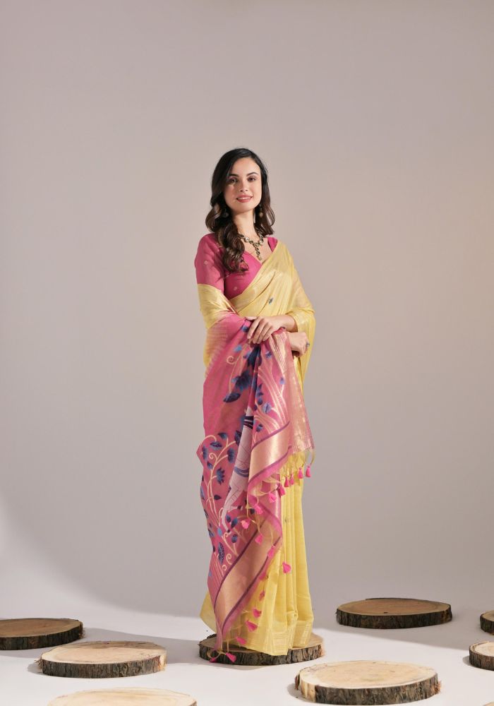 Festive Leamon Yellow Sari with Embroidered Buttis and Bold Border