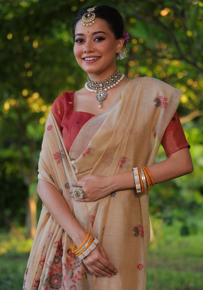 Graceful Soft Muga Beige Cotton Saree with Resham Floral Weaving & Tassels