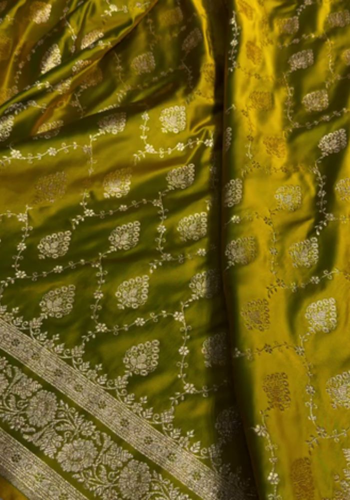 Zarina - Green Banarasi Satin Silk Saree with Golden Zari Weaving