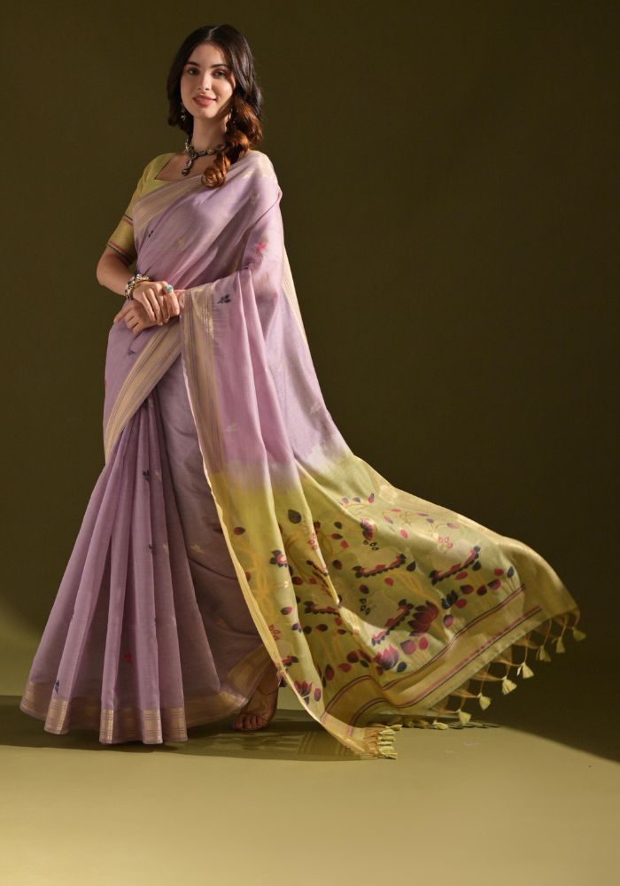 Designer Cotton Purple Saree with Lotus Print