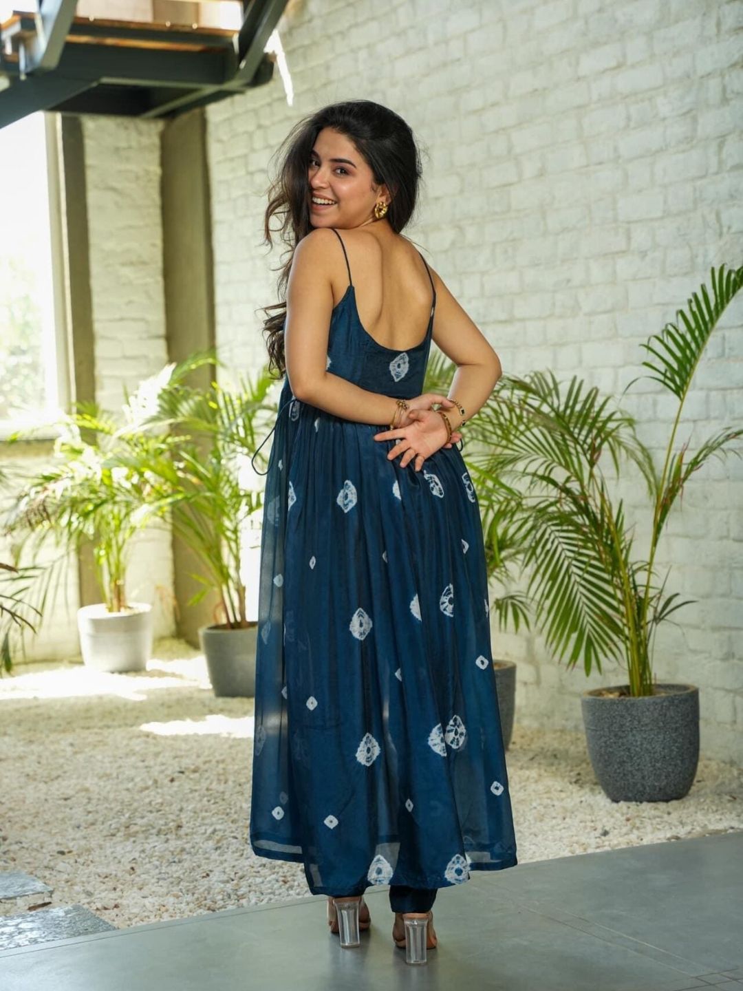 Navy Blue Printed Taby Silk Nyra Cut Kurta Set