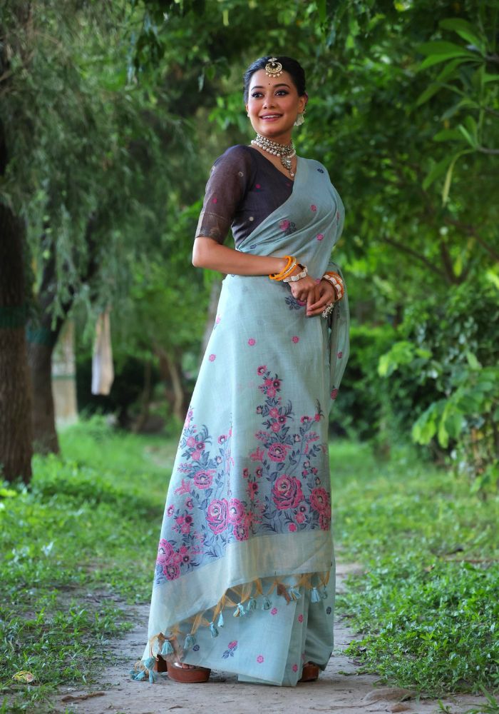 Graceful Soft Muga Sky Cotton Saree with Resham Floral Weaving & Tassels