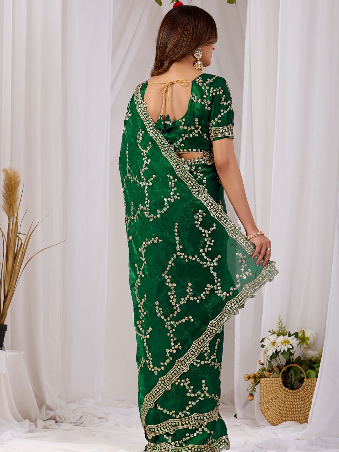 Emerald Green Embroidered Silk Saree with Designer Blouse for Wedding & Festive Wear