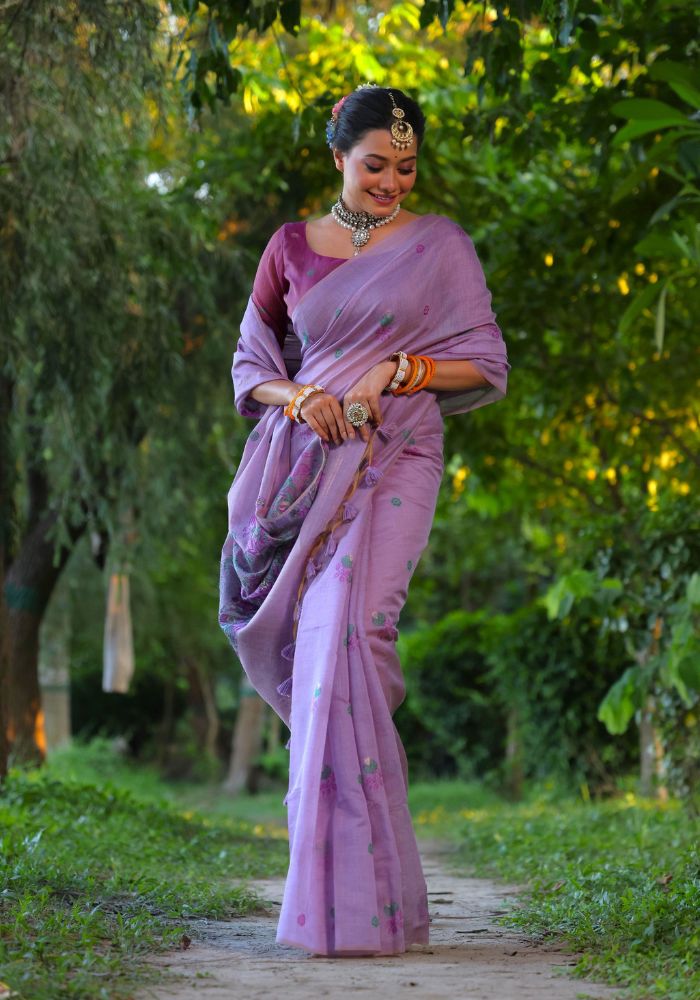 Graceful Soft Muga Purple Cotton Saree with Resham Floral Weaving & Tassels