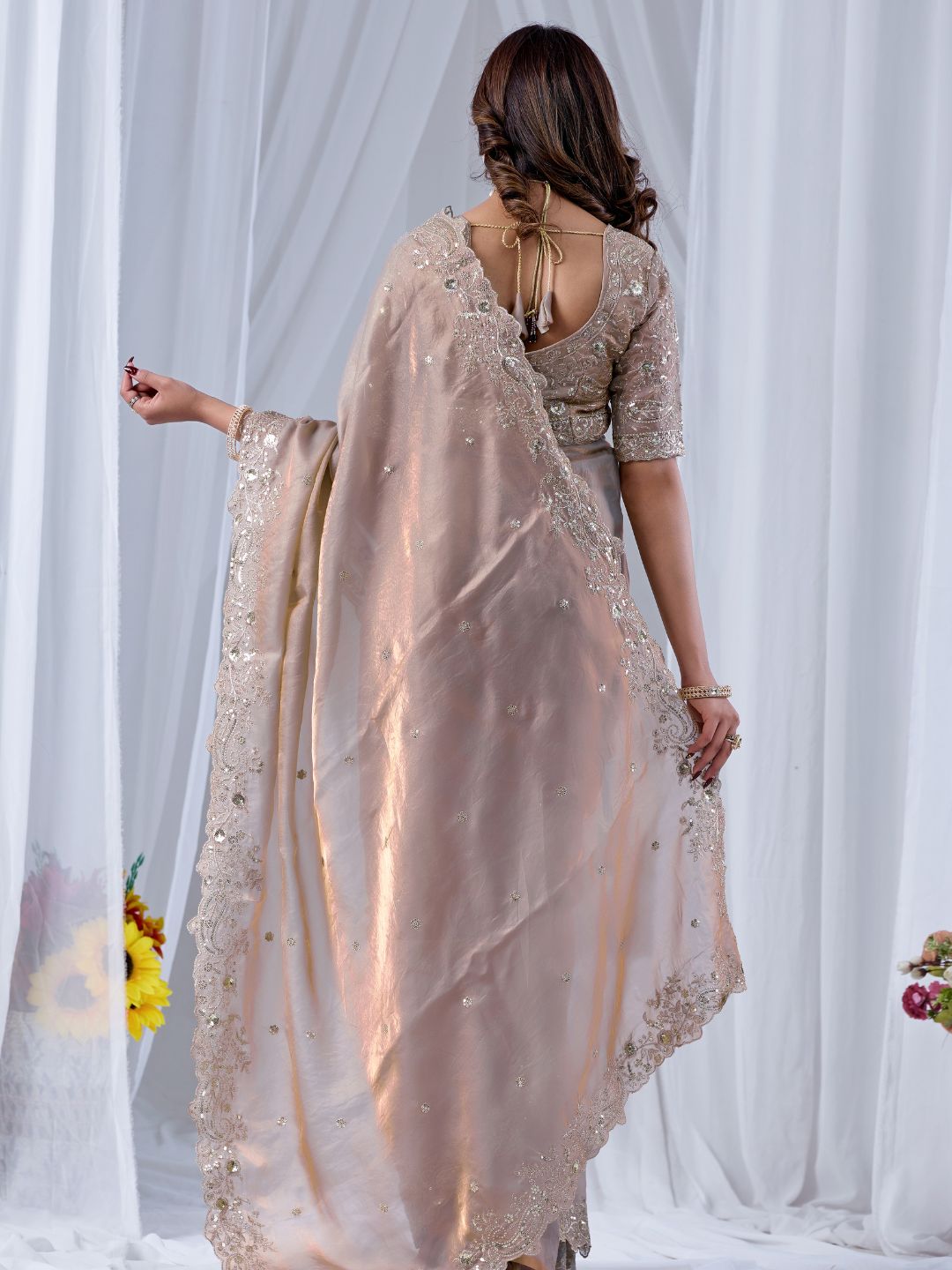 Champagne Beige Embroidered Silk Saree with Designer Blouse