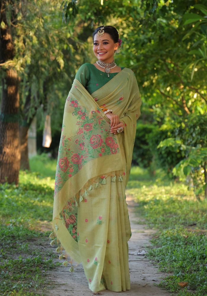 Graceful Soft Muga Pista Cotton Saree with Resham Floral Weaving & Tassels