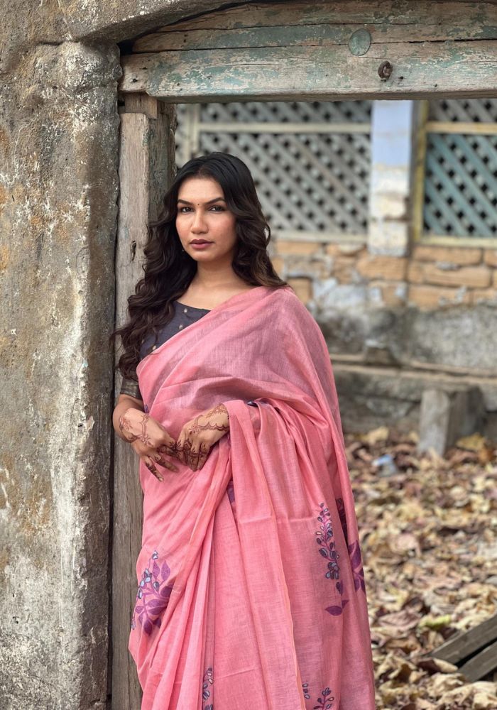 Elegant Floral Printed Pink Saree with Designer Pallu and Tassels