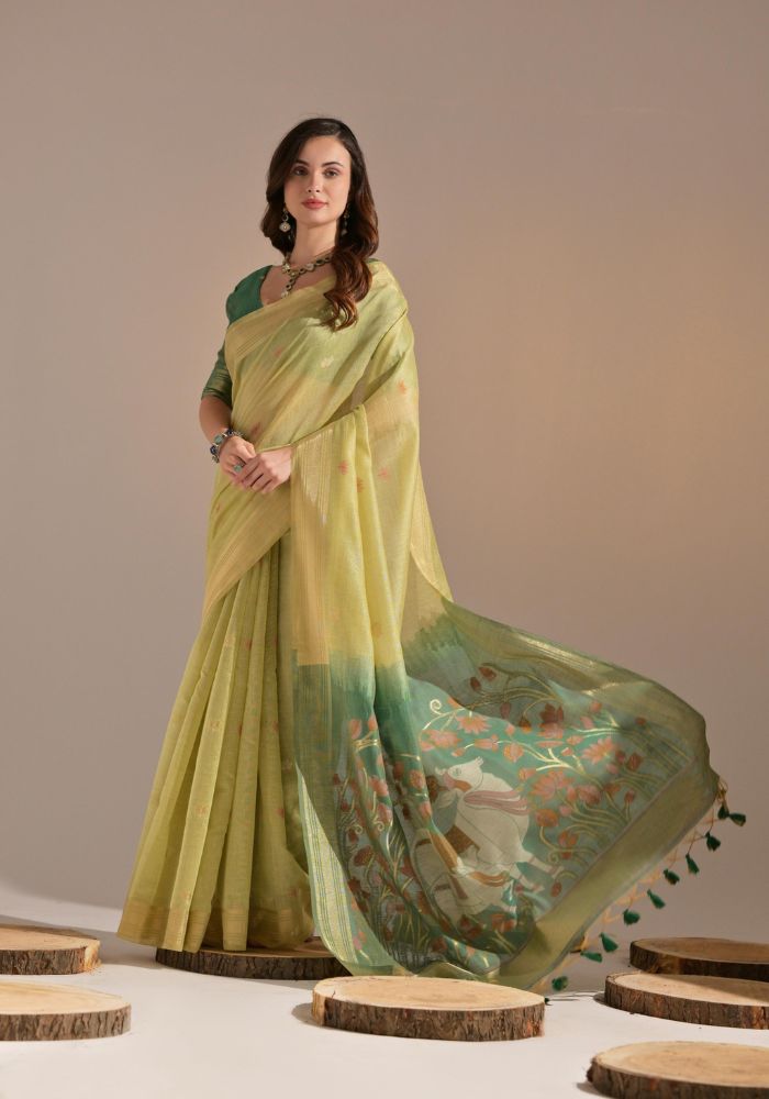 Festive Pista Sari with Embroidered Buttis and Bold Border
