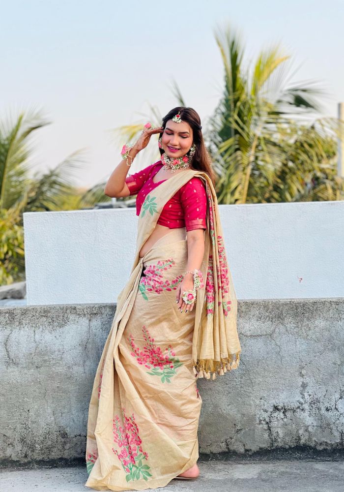 Elegant Floral Printed Beige Saree with Designer Pallu and Tassels