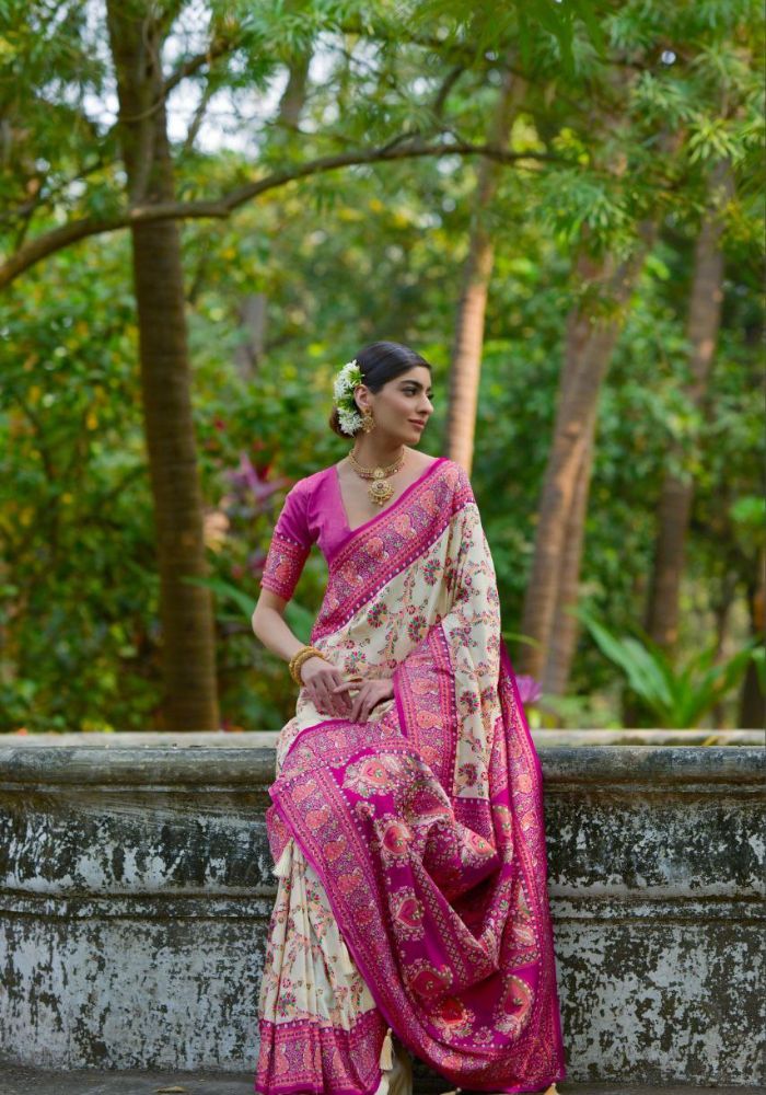 Luxury Woven Pashmina Silk Beige Saree with All-Over Floral Design & Contrast Pallu