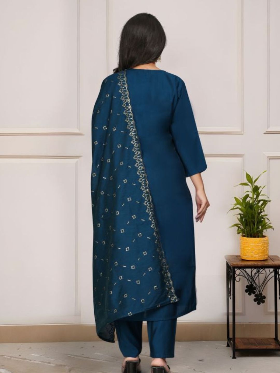 Women Teal Blue Embroidered Viscose Chanderi Kurta Pant Set with Embroidered Dupatta