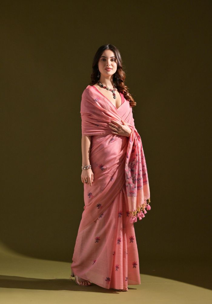 Elegant Pink Cotton Saree with Delicate Floral Embroidery
