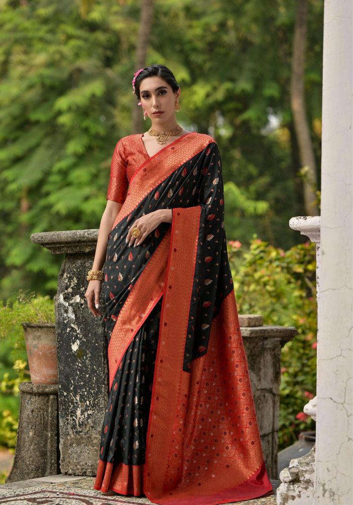 Traditional Banarasi Silk Saree in Black with Floral Weaving