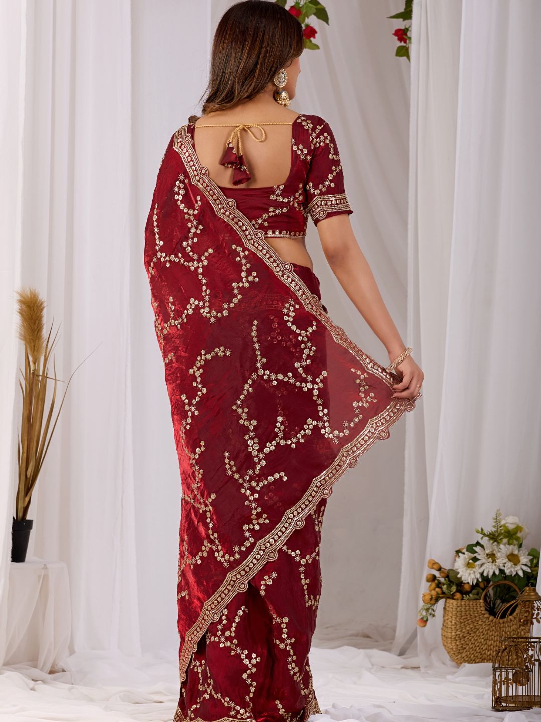 Wine Red Embroidered Silk Saree with Designer Blouse for Wedding & Festive Wear