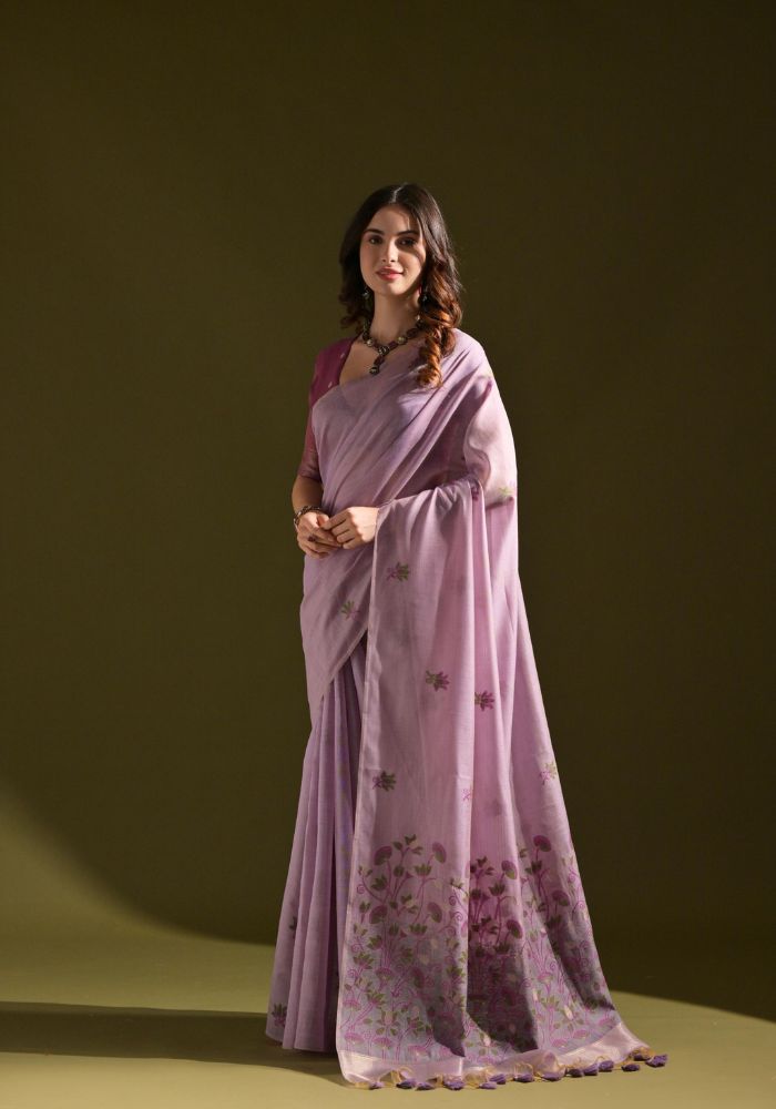 Elegant Purple Cotton Saree with Delicate Floral Embroidery