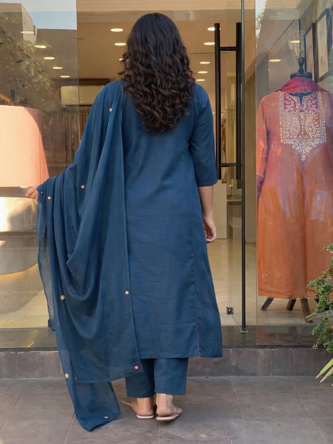 Teal Blue Embroidered Rayon Slub Kurta Set with Chanderi Cotton Dupatta