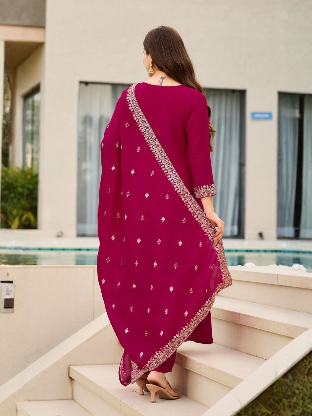 Women Magenta Embroidered CP Vichitra Kurta Pant Set with Embroidered Dupatta