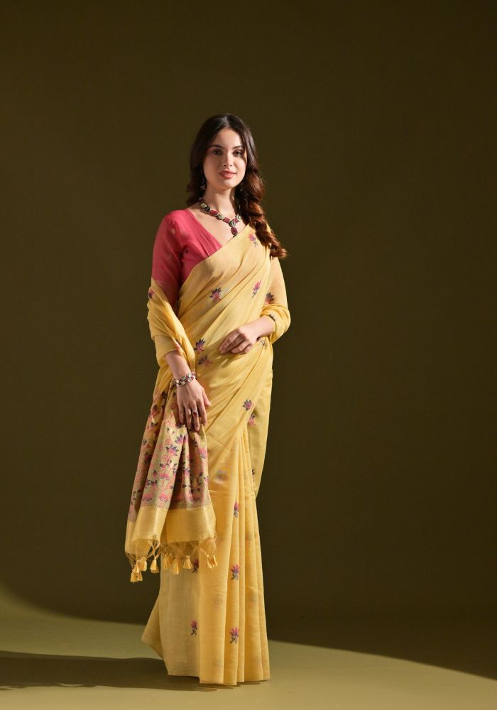 Elegant Mustard Cotton Saree with Delicate Floral Embroidery