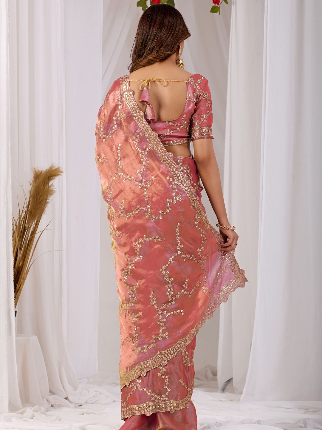 Rose Gold Embroidered Silk Saree with Designer Blouse for Wedding & Festive Wear