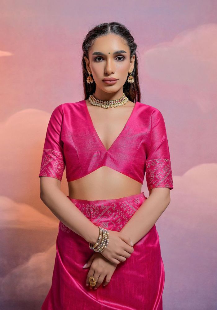 Traditional Hot Pink Silk Saree with Golden Zari Work
