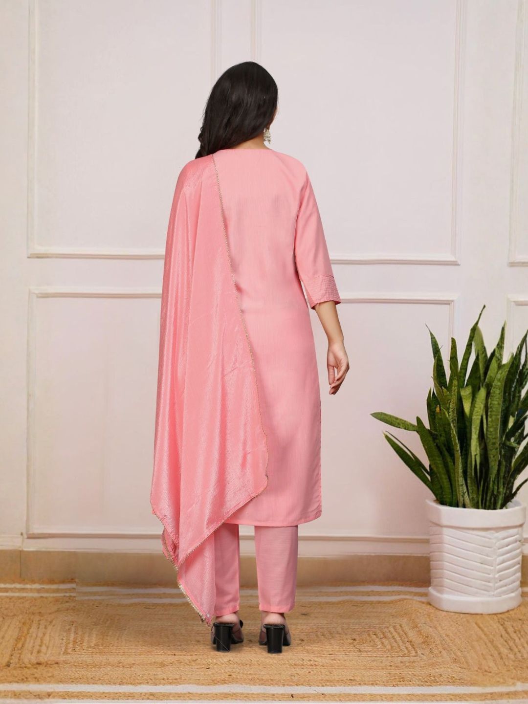 Women Blush Pink Rayon Slub Embellished Kurta Pant Set with Dupatta