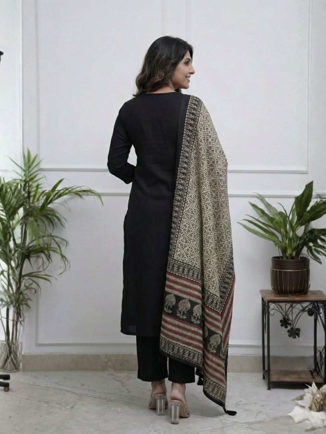 Women Black Embroidered Kurta Palazzo Set with Digital Print Chanderi Dupatta