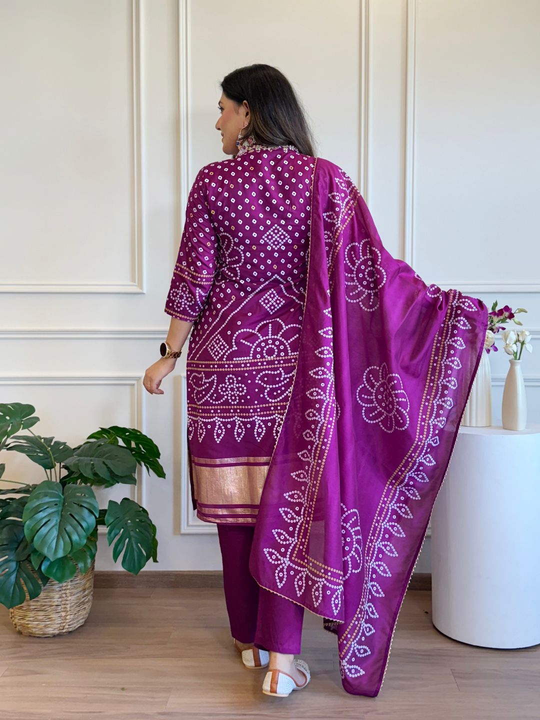 Magenta Position Printed Viscose Kurta Set with Chanderi Cotton Dupatta