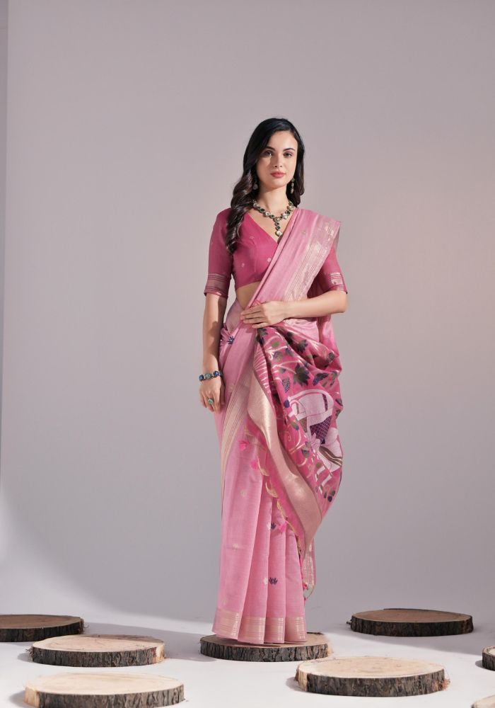 Festive Pink Sari with Embroidered Buttis and Bold Border