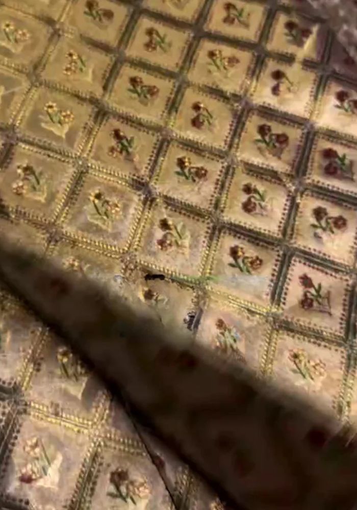 Gold Semi Kanchipuram Silk Saree with Zari Floral Checks & Rich Red Border