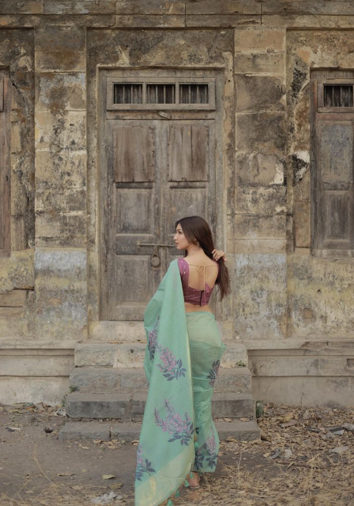 Elegant Floral Printed Sea Green Saree with Designer Pallu and Tassels