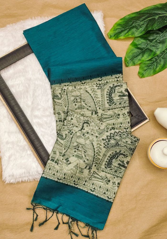 Traditional Antique Teal Madhubani Printed Tussar Silk Saree
