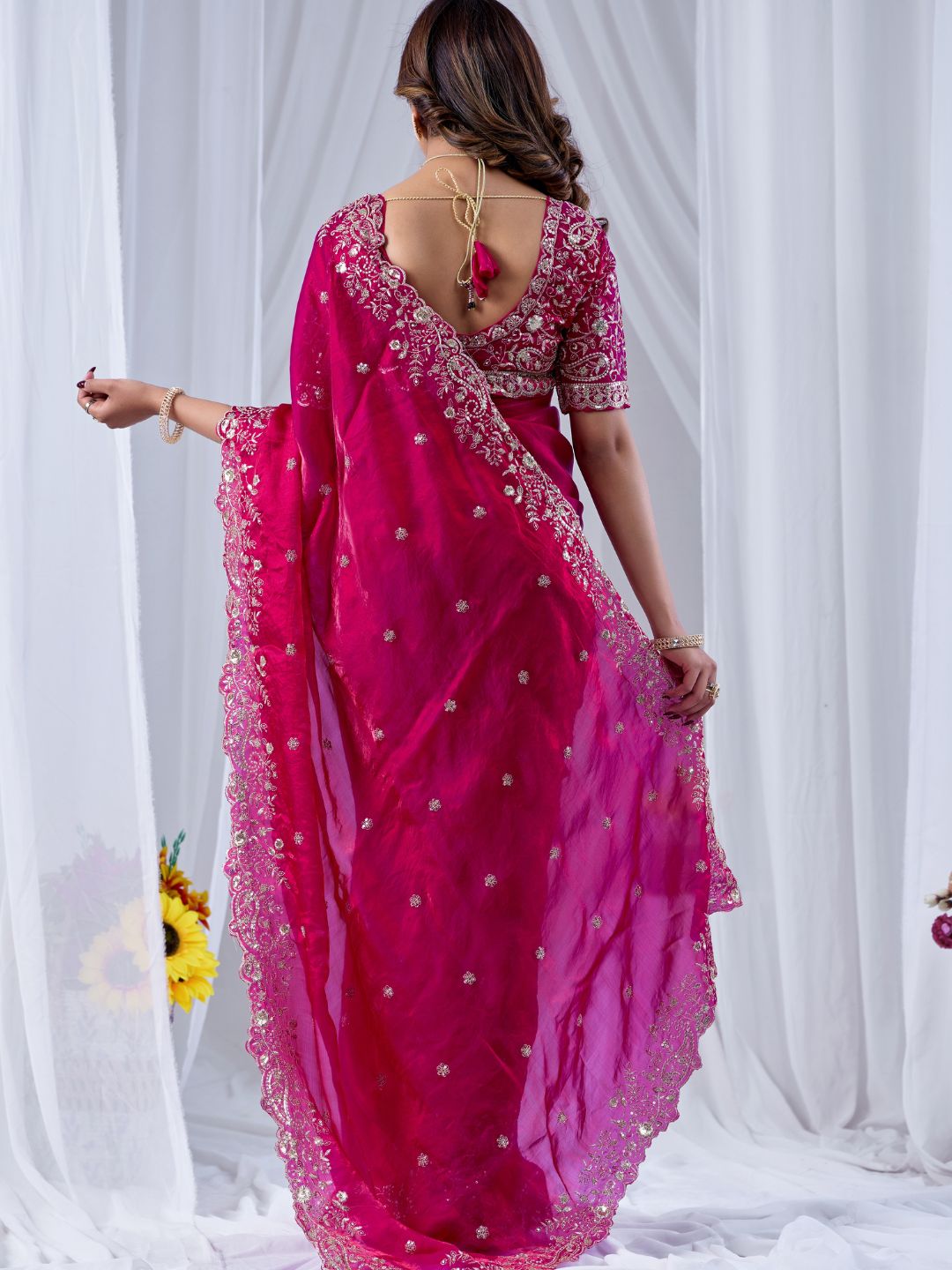 Fuchsia Pink Embroidered Silk Saree with Designer Blouse