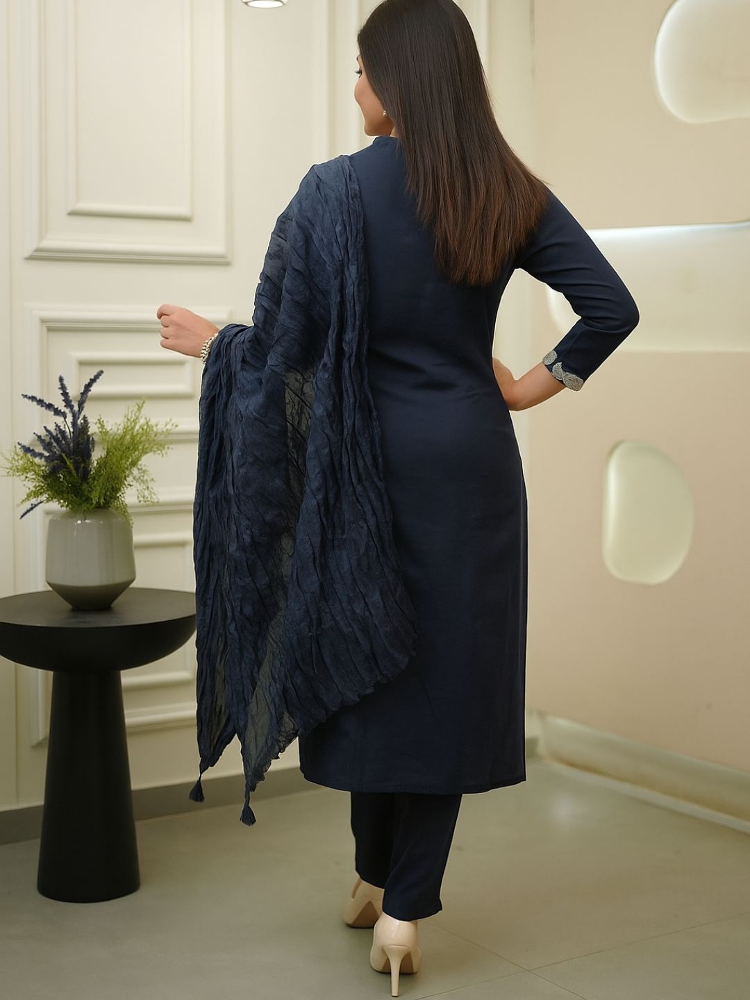 Navy Blue Embroidered Rayon Slub Kurta Set with Chanderi Cotton Dupatta