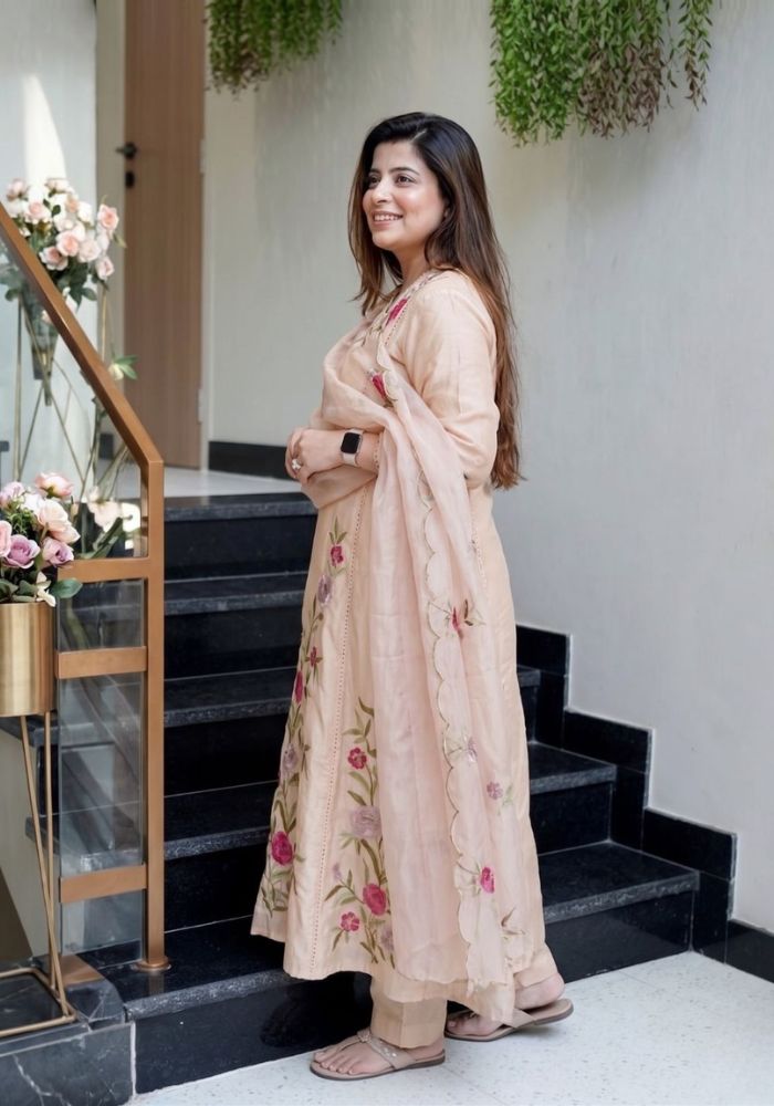 Beige Gulnaar Bloom Embroidered Chanderi Silk Kurta Set with Organza Dupatta