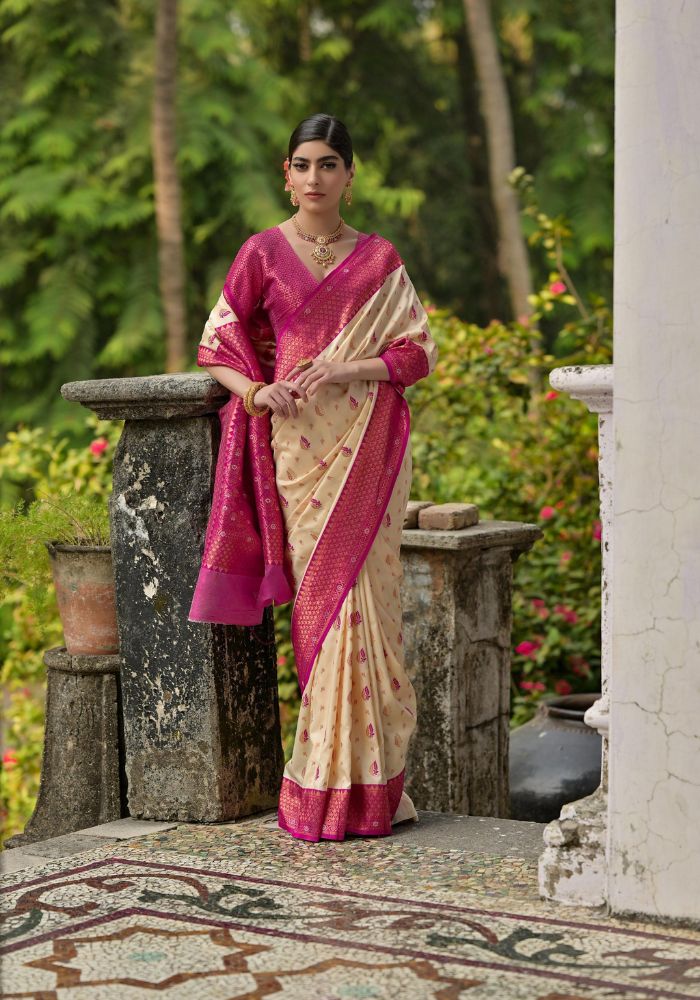 Traditional Banarasi Silk Saree in Beige with Floral Weaving