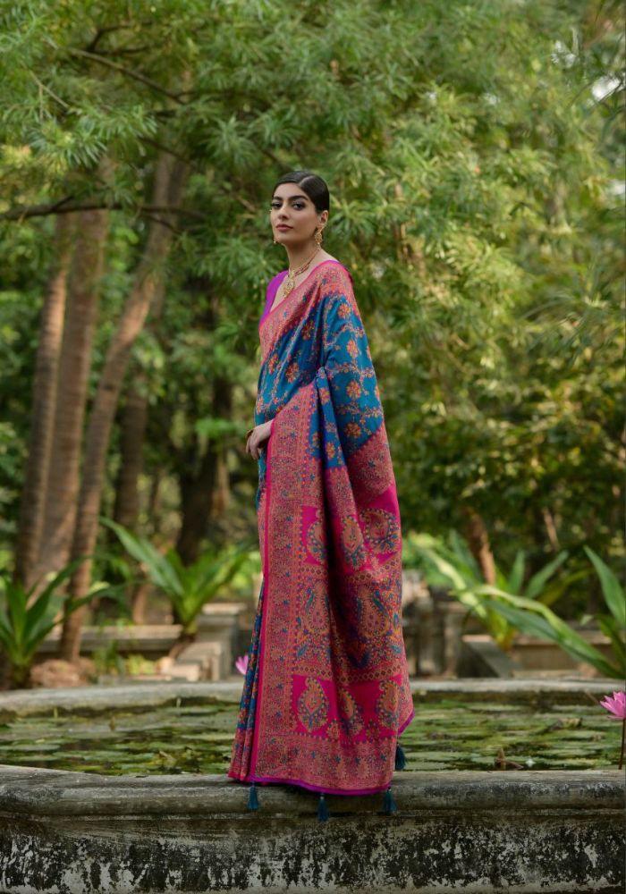 Luxury Woven Pashmina Silk Blue Saree with All-Over Floral Design & Contrast Pallu