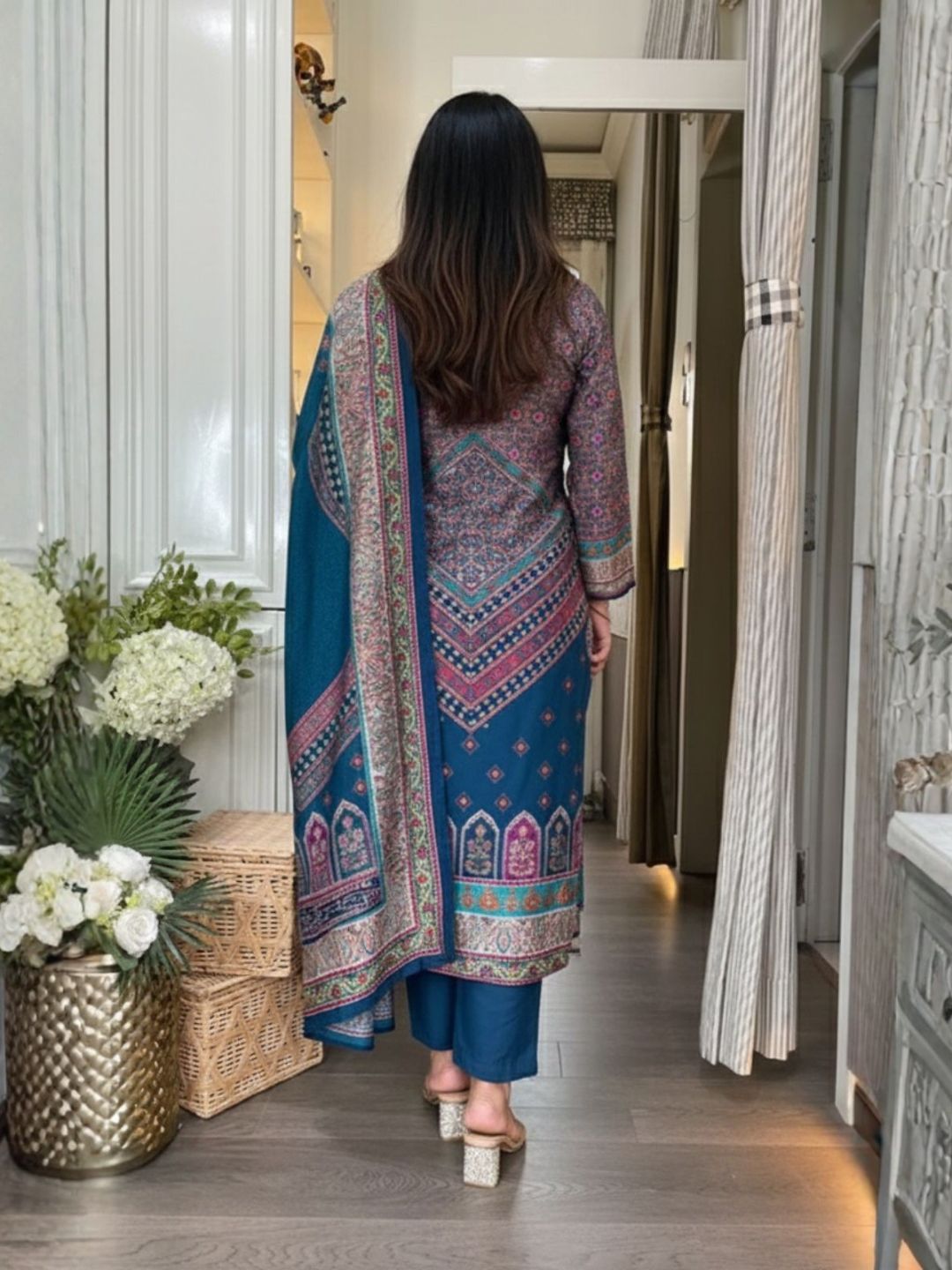 Royal Blue Printed Rayon Kurta Set with Statement Dupatta