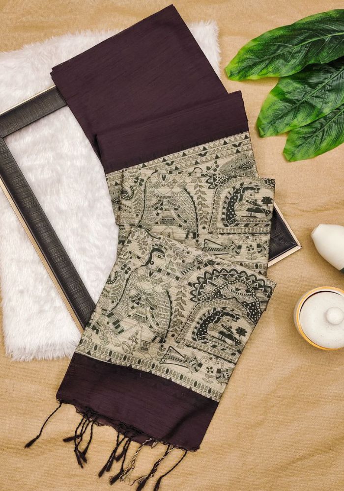 Traditional Maroon Madhubani Printed Tussar Silk Saree