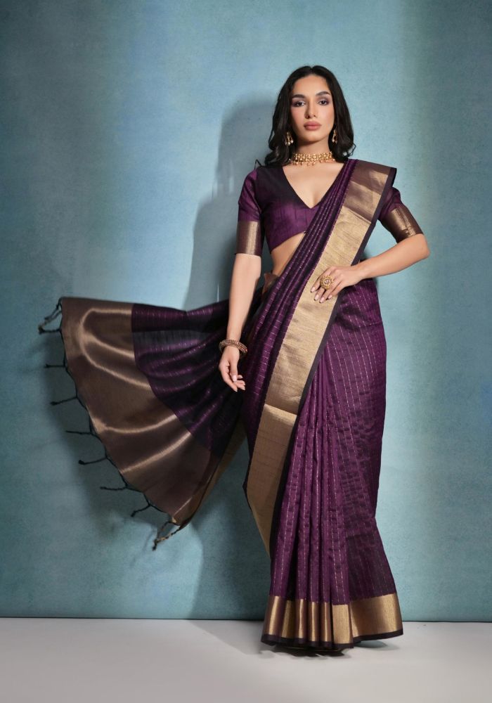 Timeless Purple Silk Saree with Rich Golden Accents