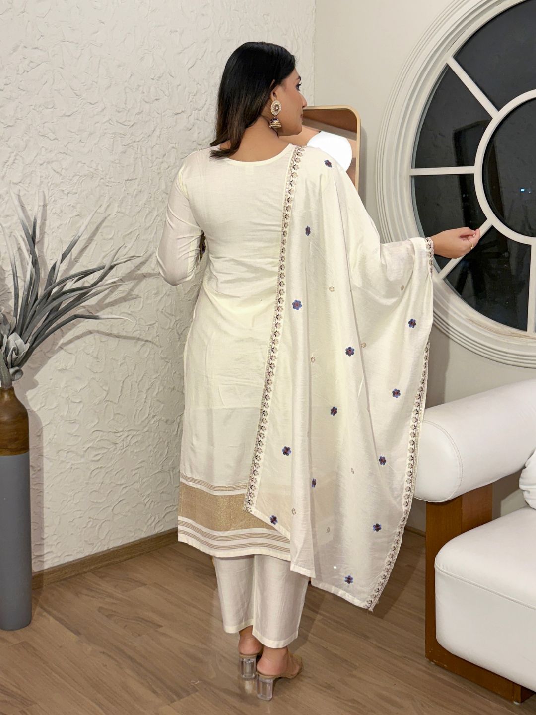 Beige Embroidered Viscose Silk Kurta Set with Chanderi Cotton Dupatta