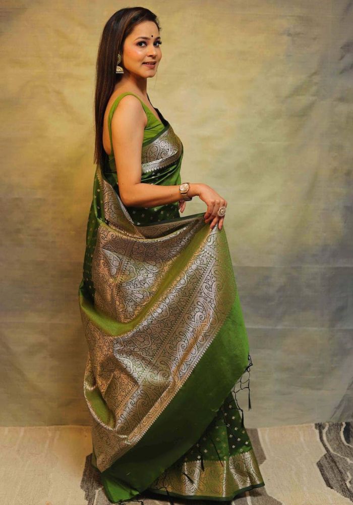 Classic Green Lichi Silk Saree with Golden Zari Border