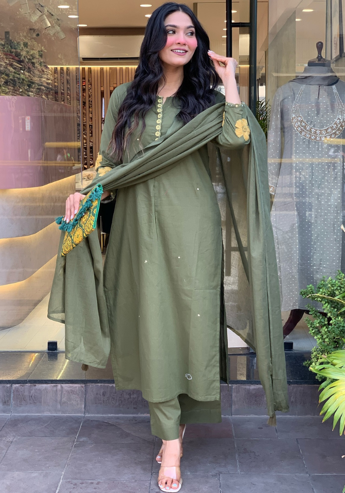 Olive Green Embroidered Chanderi Silk Kurta Set with Dupatta for Women