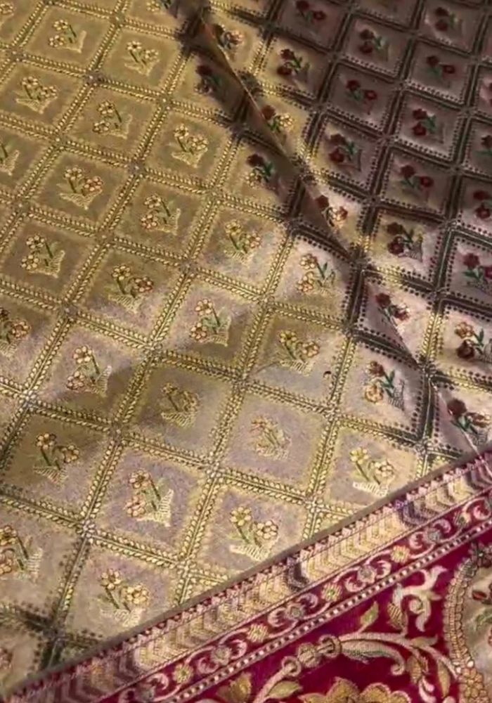 Gold Semi Kanchipuram Silk Saree with Zari Floral Checks & Rich Red Border