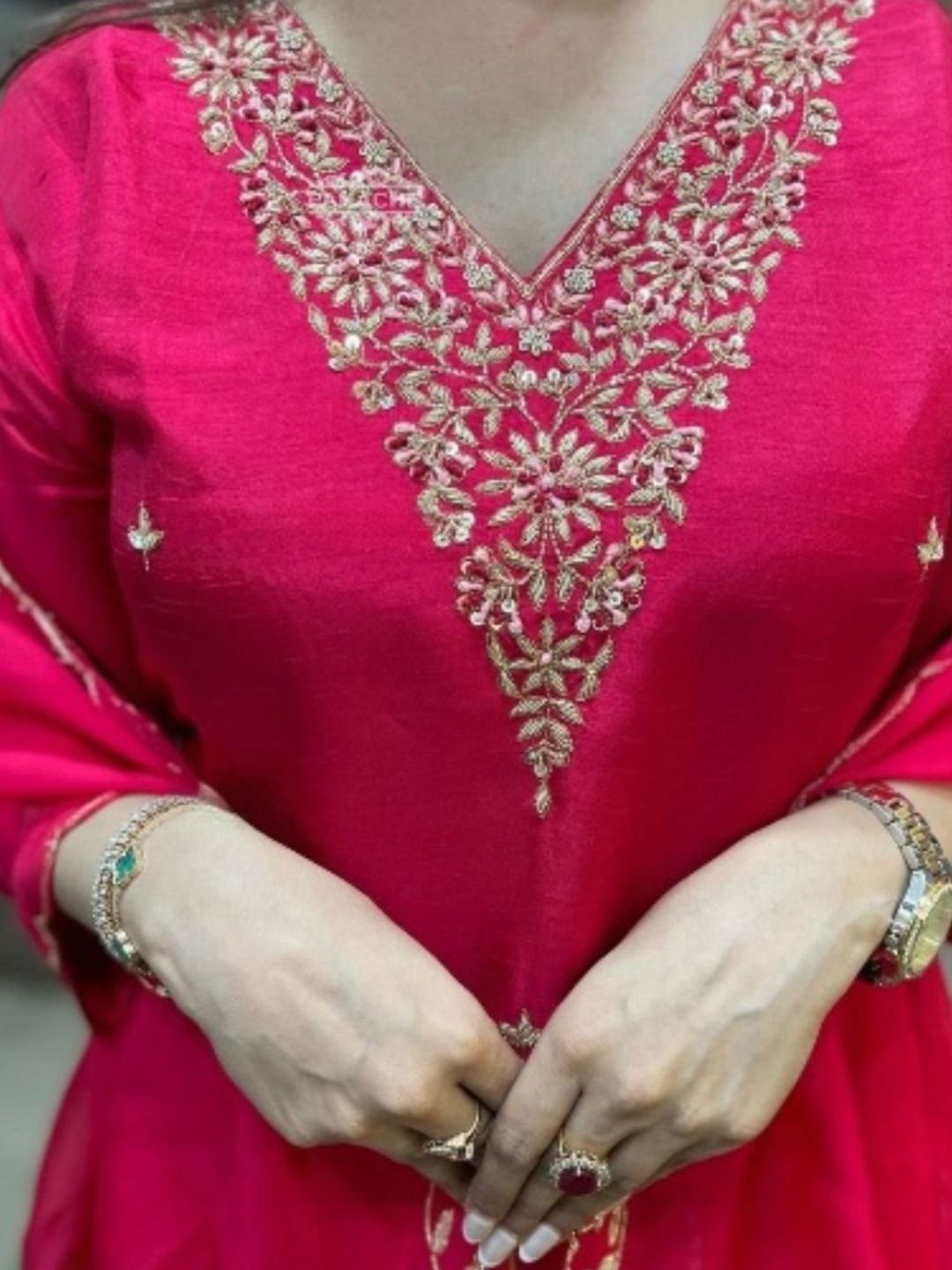 Women Rani Pink Viscose Chanderi Embroidered Kurta Pant Set with Dupatta