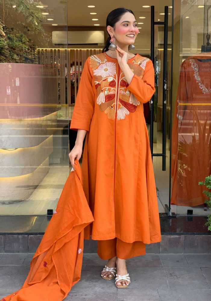 Sunrise Bloom Embroidered Chanderi Silk Kurta Set with Dupatta for Women