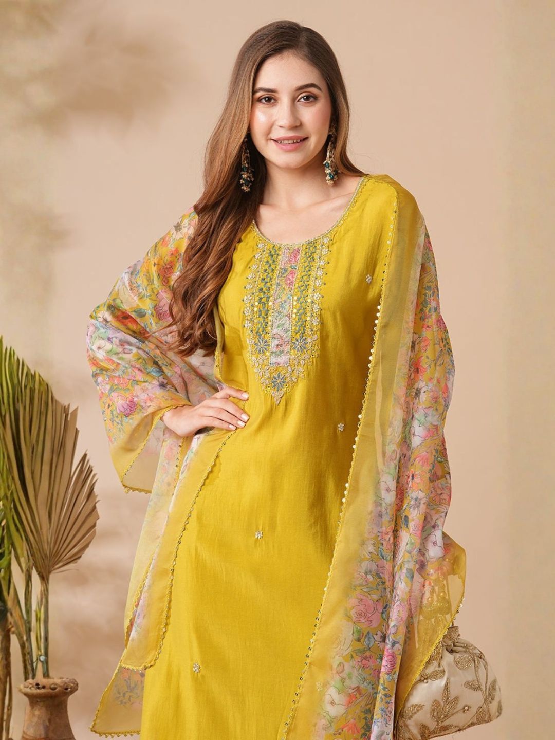 Women Mustard Yellow Embroidered Chanderi Cotton Kurta Pant Set with Printed Organza Dupatta